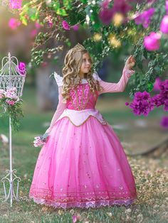 Your little girl will feel like a real princess in this regal sleeping beauty dress! It's made with stretch velvet fabric so she can twirl and dance to her heart's content. Plus, it features long sleeves, a striking collar, non-shedding glitter and sequin embellishments, and a jewel pin for an extra touch of glamour. Perfect for theme parks, dress-up occasions, holidays, and birthday parties, this dress is sure to make your little girl feel like the belle of the ball. And because we know comfort Princess Party Dress, Sleeping Beauty Themed Birthday Party, Sleeping Beauty Photoshoot, Princess Aurora Party, Sleeping Beauty Birthday Party, Princess Aurora Dress, Sleeping Beauty Dress, Disney Princess Dress Up, Sleeping Beauty Party