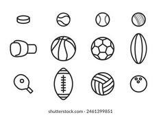 a set of different sports related objects such as balls, bats, and whistles