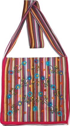 Trendy Designer Bohemian Shoulder Sling Bag. Item Style: Casual Shoulder Sling Bag Material 100% Cotton Colors Stripes in multicolor with floral embroidery highlighted with beads. Measurement Depth 13" width 13". Strap is 39" long and 3" wide More details: The embroidery is on the front flap only. The back and strap are just the striped fabric. The front is a flap and opens all the way. Handling: Please remember that these are handmade items and therefore very delicate and need to be handled wit Spring Bohemian Beaded Bags, Multicolor Floral Embroidered Tote Shoulder Bag, Multicolor Floral Embroidery Tote Shoulder Bag, Bohemian Multicolor Shoulder Bag With Floral Embroidery, Multicolor Floral Embroidery Shoulder Bag, Multicolor Embroidery Shoulder Bag For Beach, Spring Multicolor Crossbody Shoulder Bag, Summer Multicolor Shoulder Bag With Floral Embroidery, Summer Multicolor Bags With Floral Embroidery