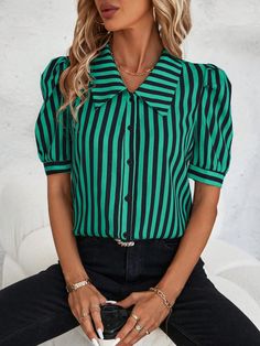 Striped Button Up Short Sleeve Summer Casual Shirt Dark Green Casual  Short Sleeve Woven Fabric Colorblock,Striped Shirt Non-Stretch  Women Clothing, size features are:Bust: ,Length: ,Sleeve Length: Casual Summer Shirts, Women Blouses, Casual Shirt, Striped Shirt, Summer Casual, All Fashion, Women Clothing, Womens Tees, Color Blocking