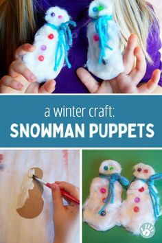 snowman puppets made out of toilet paper and yarn with text overlay that reads, a winter craft