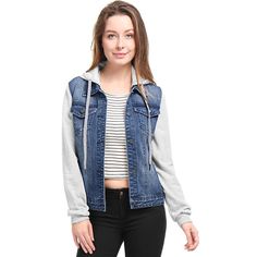 A definitive denim staple to elevate your look, this jacket is cut to a classic fit for a week to weekend. Details such as the shank buttons, chest pockets with buttoned flaps, and contrasting sleeves add a fresh spin to any ensemble. Go for double denim pairing with your favorite jeans and tee. Get a casual cover up for everyday styles with this hooded denim jacket. Patchwork is one of the incredible cool ways to wear denim in this season. Size: x-small. Color: dark blue. Gender: female. Age Gr Long Sleeve Jean Jacket, Fashion Site, Long Sleeve Denim Jacket, Hooded Denim Jacket, Denim On Denim, Rock Outfit, Layered Long Sleeve, Neue Outfits, Jean Jacket Women