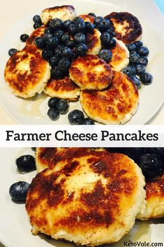 two pictures of pancakes with blueberries on them and the same one has been cut in half