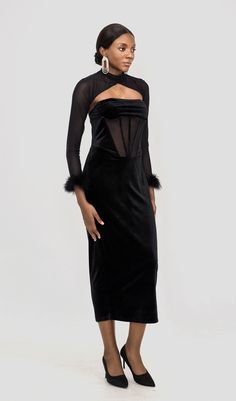 Look and feel beautiful in this velvet corset maxi dress. Crafted from a luxurious black velvet fabric. this dress features a corset bodice for a figure-hugging fit and a long skirt for a dramatic look. Enjoy a night of luxury and sophistication in this gorgeous maxi dress. WHERE TO WEAR:Romantic date nights. champagne bars. black tie events. glam functions. Dress Length: Approx 128cm Materials: Standard Heavy Stretch Velvet. Power Mesh. Feather Trim. Stretch Woven. Stretch SatinGentle Dry Clean Black Midi Dress With Corset Back For Party, Velvet Corset Dress For Costume Party, Black Midi Corset Dress With Boned Bodice, Velvet Corset Dress With Boned Bodice, Fitted Velvet Dress With Boned Bodice, Velvet Evening Corset Dress With Corset Back, Velvet Corset Back Dress For Evening, Black Midi Dress With Corset Back For Night Out, Fitted Velvet Midi Evening Dress