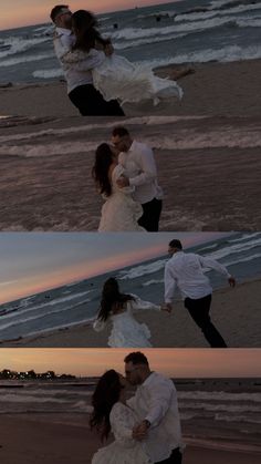 a couple kissing on the beach at sunset