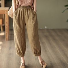 Details: Gender: Women Item Type: Pants Material: Linen Season: Summer Pattern: Solid Style: Casual, Loose, Retro Waist Type: Elastic Waist Size: M Waist: 62.00 - 100.00 cm/ 24.41 - 39.37 " Length: 81.00 cm/ 31.89 " Hip: 120.00 cm/ 47.24 " Thigh: 62.00 cm/ 24.41 " Bottom 36.00 cm/ 14.17 " Size: L Waist: 64.00 - 102.00 cm/ 25.20 - 40.16 " Length: 82.00 cm/ 32.28 " Hip: 122.00 cm/ 48.03 " Thigh: 64.00 cm/ 25.20 " Bottom 38.00 cm/ 14.96 " Loose Pants, Summer Patterns, Pantalon Large, Color Khaki, Suits You, Green And Purple, Black Pants, Harem Pants, Elastic Waist