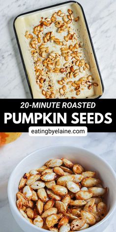 Roasted pumpkin seeds on a baking sheet above a photo of Roasted pumpkin seeds in a white bowl with a white marble background. Pumpkin Seed Recipes Sweet, Pumpkin Seeds Sweet, Maple Roasted Pumpkin Seeds, Easy Pumpkin Seeds, Seasoned Pumpkin Seeds, How To Roast Pumpkin, Roast Pumpkin Seeds