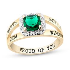 Celebrate your unique journey with pride and this personalized birthstone and diamond class ring. Select your choice of metal The 6.0mm princess-cut simulated birthstone of your choosing is surrounded by a cushion-shaped frame of diamonds Personalize the ribbons of the split shank with four lines of engraving, each eight characters max Complete the design with a message, 18 characters max, inscribed along the inside of the shank Class Rings College, Class Rings High School, Class Rings, Graduation Jewelry, Diamond Frame, Split Shank, Princess Cut, Cute Jewelry, Graduation Party