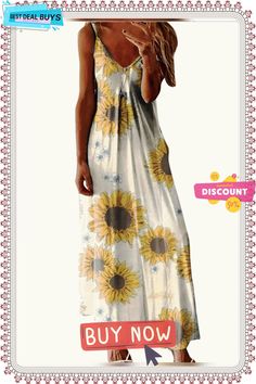 New Women's Large Dress Loose Casual Dresses Casual Sunflower Print Spring Dress, Long Sleeve Long White Dress, Spring Beach Dress With Sunflower Print, Sleeveless Sundress With Sunflower Print For Spring, Casual Sunflower Print Beach Dress, Summer Beach Dress With Sunflower Print, Long Black Dress Wedding, Sunflower Dresses, Everyday Dresses Casual