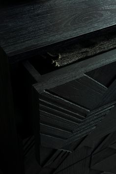 a close up of a black cabinet with drawers