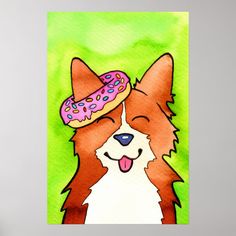 a painting of a dog with a donut on its head and tongue sticking out