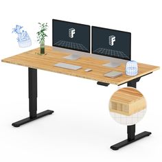 two computer screens sitting on top of a wooden desk next to each other with plants in vases