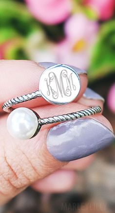 The CUTEST Monogrammed Silver Pearl Ring 💕 Silver Monogram Rings In Fine Jewelry Style, Silver Monogram Rings Fine Jewelry, Silver Monogram Ring For Formal Occasions, Sterling Silver Monogram Rings, Adjustable Silver Monogram Ring, School Lifestyle, Delicate Gold Ring, February Birthstone Jewelry, Silver Pearl Ring