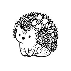 a black and white drawing of a hedge with flowers on it's back paws