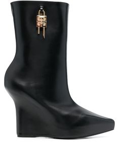 black calf leather signature 4G motif padlock detail 90mm wedge heel pointed toe branded leather insole mid-calf length pull-on style Givenchy Boots, Floral Shoes, Givenchy Women, Leather Boots Women, Leather Wedges, Bag Dress, Wedge Boots, Black Leather Boots, Leather Gloves