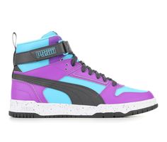 Synthetic leather upper with padded collar and fabric lining, Mid-top design with adjustable Velcro strap and lace-up closure, Classic round toe, Cushioned SoftFoam+ insole with fabric lining, Rubber sidewall trim and outsole, PUMA® branding details | Men's Puma Rebound Game Sneakers in Blue/Purple/Black Size 9.5 Sporty Purple High-top Synthetic Sneakers, Purple Puma Sneakers With Round Toe, Purple Low-top Sneakers With Puma Logo, High-top Purple Basketball Shoes With Rubber Sole, Purple Leather Mid-top Basketball Shoes, Ankle Support, Court Shoes, Velcro Straps, Purple And Black