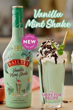 a bottle of bailey's vanilla mint shake next to a glass filled with ice cream