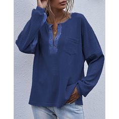 Navy Blue Waffle V Neckline Pocket Long Sleeve Tops Blue Waffle Knit Top For Fall, Tops Long Sleeve, V Neckline, Women Tops, Waffles, Long Sleeve Tops, Sleeve Top, Navy Blue, Navy