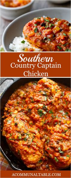 southern country captain's chicken recipe in a skillet with rice and garnishes