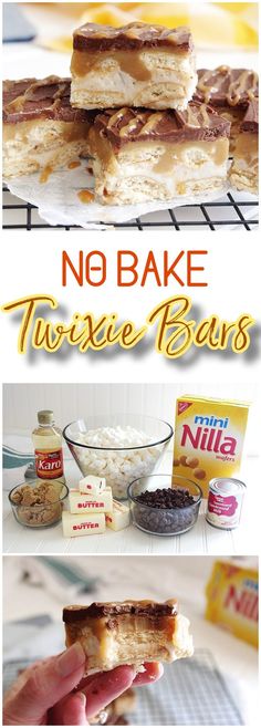 no bake twistee bars are stacked on top of each other