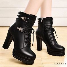 Lasaky - Stylish Womens Chunky Heel Short Boots with Warm Lining and Lace-up Design Ankle Length Boots, Heels Short, Chic High Heels, Punk Shoes, Rough Heels, Velvet Boots, Womens Chunky Heels, High Heel Boots Ankle, Grunge Goth