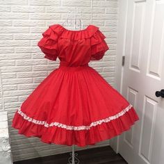 Cutest 3 Piece Vintage Set . Square Dancing Set . Red Polka Dotted With Ruffles & Som Lace . Blouse Is Off The Shoulder . Super Cute & Fun Especially For A Dancing Event ! Great Condition Petticoat 11”-20” Waist Skirt 15” Waist With Stretch Blouse 20” Armpit To Armpit . Size Tag Attached On These Clothes May Be Incorrect !! Square Dance Dresses, Flamenco Dress, Square Dancing, Red Polka Dot, Dance Dresses, Lace Blouse, Petticoat, Xl Dress, Size Tag