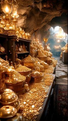 many gold dishes are on display in a cave like setting with lights and chandeliers hanging from the ceiling