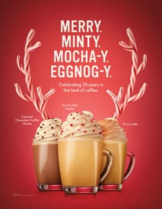 two mugs of coffee with whipped cream in them and the words merry, minty, mochay, eggnog - y