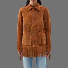 Make a statement with our cowgirl jacket featuring fringe details. Crafted from 100% suede in brown color, it exudes Western-inspired charm. COLOUR: Brown COMPOSITION: 100% suede CARE: Specialist leather clean Fringing detail for a stylish and bohemian look Patch pockets for convenient storage Please note that color may vary on screen due to monitor settings Winter Leather Outerwear With Tassels, Winter Leather Tassel Outerwear, Western Style Suede Winter Outerwear, Western Suede Outerwear For Winter, Fall Leather Jacket With Fringe For Rodeo, Leather Jacket With Fringe For Rodeo In Fall, Fall Leather Tassel Outerwear, Leather Tassel Outerwear For Fall, Leather Outerwear With Fringe For Rodeo