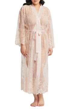 Bring a touch of romance to your evening with this sheer lace robe in a gorgeous ankle-skimming length. 52" length Inner attached waist tie; outer removable tie belt Three-quarter sleeves 100% polyester Hand wash, dry flat Imported Lingerie Wedding Nightgown, Ideal Wedding, Wedding Night, Sheer Lace, Tie Belt, Three Quarter Sleeves, Waist Tie, Three Quarter, Night Gown