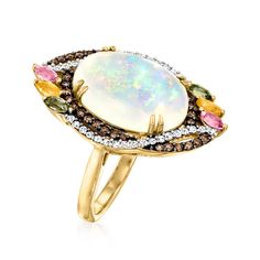 Ross-Simons - Opal, .60ct t. w. Multicolored Sapphire Ring, .61ct t. w. Brown, White Diamonds. Size 6. Beautifully designed to feature sumptuous sparkle and a delightful color palette, this statement-making ring presents a 16x12mm oval opal cabochon amid swirling borders of .61 ct. t. w. brown and white round brilliant-cut diamonds. Vibrant trios of .60 ct. t. w. marquise sapphires pop in shades of pink, yellow and green. Finely crafted in polished 14kt yellow gold. Black rhodium. 1" wide. Multi Fine Jewelry White Multi-stone Diamond Ring, White Multi-stone Diamond Ring Fine Jewelry, Luxury Multi-stone Opal Ring For Women, 14k Gold Multi-stone Opal Ring, Luxury Multi-stone Opal Ring In 14k Gold, Luxury Multicolor Opal Cabochon Ring, Luxury Multi-stone Opal Ring Collectible, Yellow Gold Jewelry, Women Men Shoes