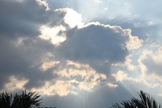 the sun shines through clouds over palm trees