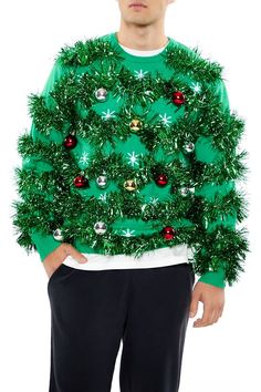 Unisex knit sweater featuring ribbed trim, tinsel garland throughout, crew neck, front star graphics and high - polish ornament embellishments, and long sleeves. | Shell: 100% acrylic | Other contents: 100% metallic yarn | Hand wash cold | Model is 6'1" and wearing Medium | Men Unisex Tinsel & Ornament Sweater Christmas Sweater Party Outfit, Sweater Party Outfit, Ugly Sweater Day, Christmas App Icons Instagram