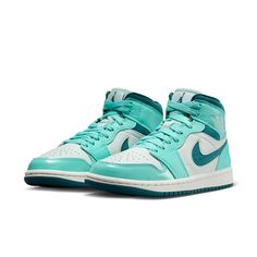 (WMNS) Air Jordan 1 Mid 'Bleached Turquoise' DZ3745-300-KICKS CREW Wmns Air Jordan 1, Cute Nike Shoes, Cute Nike, Cute Nikes, Air Jordan 1 Mid, Jordan 1 Mid, Stylish Sneakers, Air Jordan 1, Ice Blue