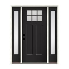 a black front door with two sidelights and glass panels on the top half of it