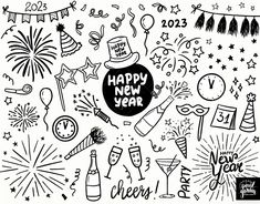 happy new year doodles with fireworks and confetti