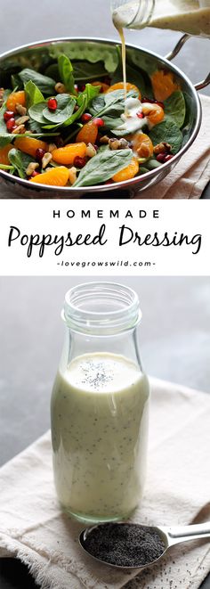 homemade poppy seed dressing is being poured into a glass jar and in a metal bowl