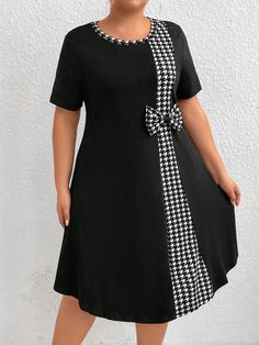 Fashionable Plus Size Women's Round Neck A-Line Dress With Bowknot And Houndstooth Pattern Maxi Women Outfit Black and White Casual  Short Sleeve Knitted Fabric Colorblock,Houndstooth,Plaid A Line Medium Stretch  Women Plus Clothing, size features are:Bust: ,Length: ,Sleeve Length: Line A Dress Casual, Free Dresses For Women, Free Dress Patterns For Women, A Line Dresses For Women, A Line Dress Casual, Dresses For Plus Size Women, Plus Size Women Dresses, Plus Size Shift Dress, English Dress