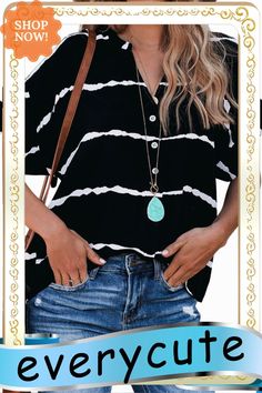 Black Striped Folded Short Sleeve Shirt Chic Black Blouse For Vacation, Chic Black Vacation Blouse, Black Casual Blouse For Vacation, Casual Black Blouse For Vacation, Chic Black Top For Vacation, Black Short Sleeve Blouse For Day Out, Trendy Black V-neck Shirt, Chic Black Short Sleeve Shirt, Short Sleeve Shirt Women