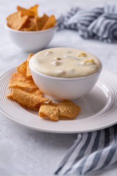 a white plate topped with chips and dip