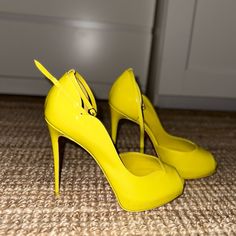 Brand New Never Worn. Box And Bags Included 120mm Yellow Round Toe Heels For Evening, Luxury Yellow Heels With Heel Strap, Luxury Yellow Heels With Ankle Strap, Designer Yellow Ankle Strap Heels, Christian Louboutin Iriza, Christian Louboutin Pigalle Follies, Navy Heels, Christian Louboutin Kate, Christian Louboutin Pigalle