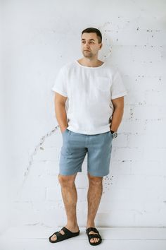 Men's linen shirt with short sleeves and pocket on the chest, white basic washed soft linen summer shirt Shorts Male Outfit, Everyday White Linen T-shirt, White Linen Shirt With Pockets, White Shirt For Summer Casual Gatherings, White Linen Shirt For Casual Gatherings, Casual Linen T-shirt For Summer, Beach Linen Shirt With Pockets, White Linen Shirt For Everyday Wear, Casual White Linen Shirt