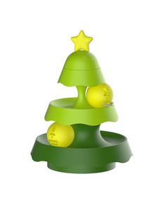 a green plastic christmas tree with yellow balls on the bottom and one star above it