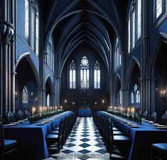 the interior of a church with tables and chairs