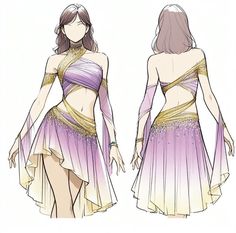 a drawing of a woman in a purple and gold dress with her hands on her hips