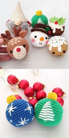 crocheted christmas ornaments are shown in three different ways