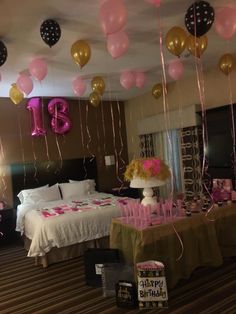 the room is decorated with balloons and streamers in pink, gold and black colors