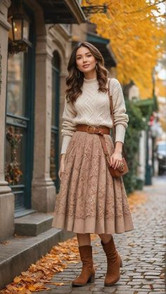 Fall And Winter Dresses And Skirts, Midi Dress With Sweater Over It, Flowy Winter Outfit, Casual Fall Skirt Outfits, Winter Outfits Cottagecore, Flowy Skirt Outfit Winter, Feminine Autumn Outfits, Modest Cottagecore Outfits, Autumn Skirt Outfit