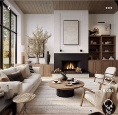 a living room filled with furniture and a fire place in the middle of it's wall