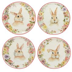 four plates with rabbits and flowers on them